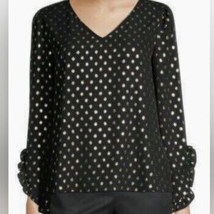 Worthington Black and Silver Ruched 3/4 Sleeve Blouse with Ruffle Sleeve